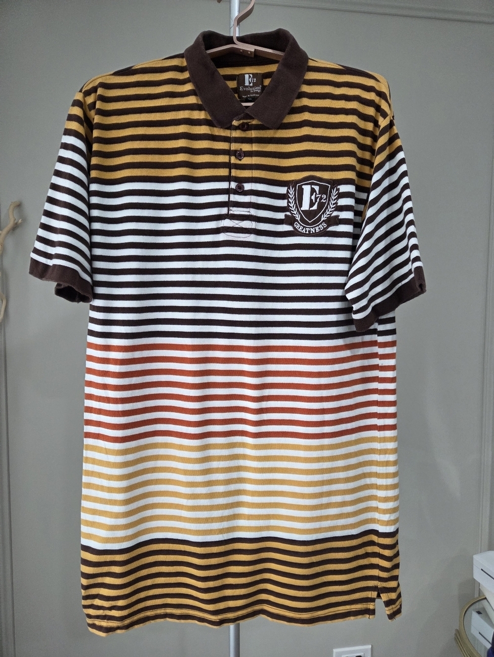 Evolution In Design  Brown & Yellow Striped Polo Shirt Sz.2XL